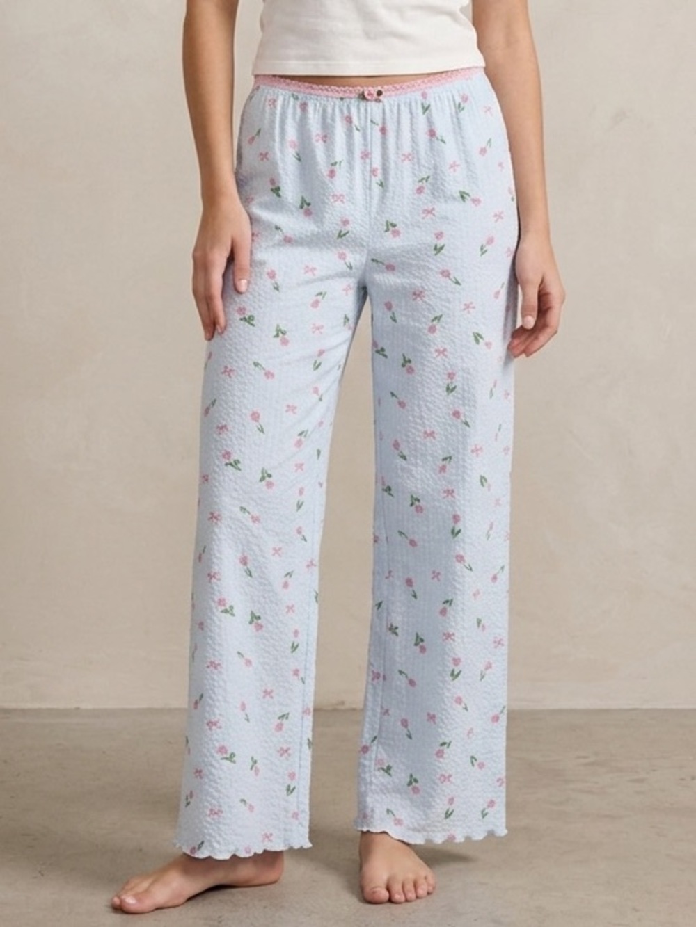 Messy Bun Just Chillin Coquette Tulip Bow Pajama Pants Light Blue Floral Lounge